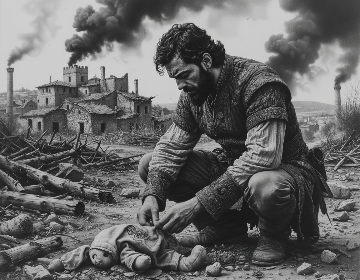 Правитель Осман, исполненный скорби и гнева, стоит на коленях в сожженной деревне, которую он поклялся защищать