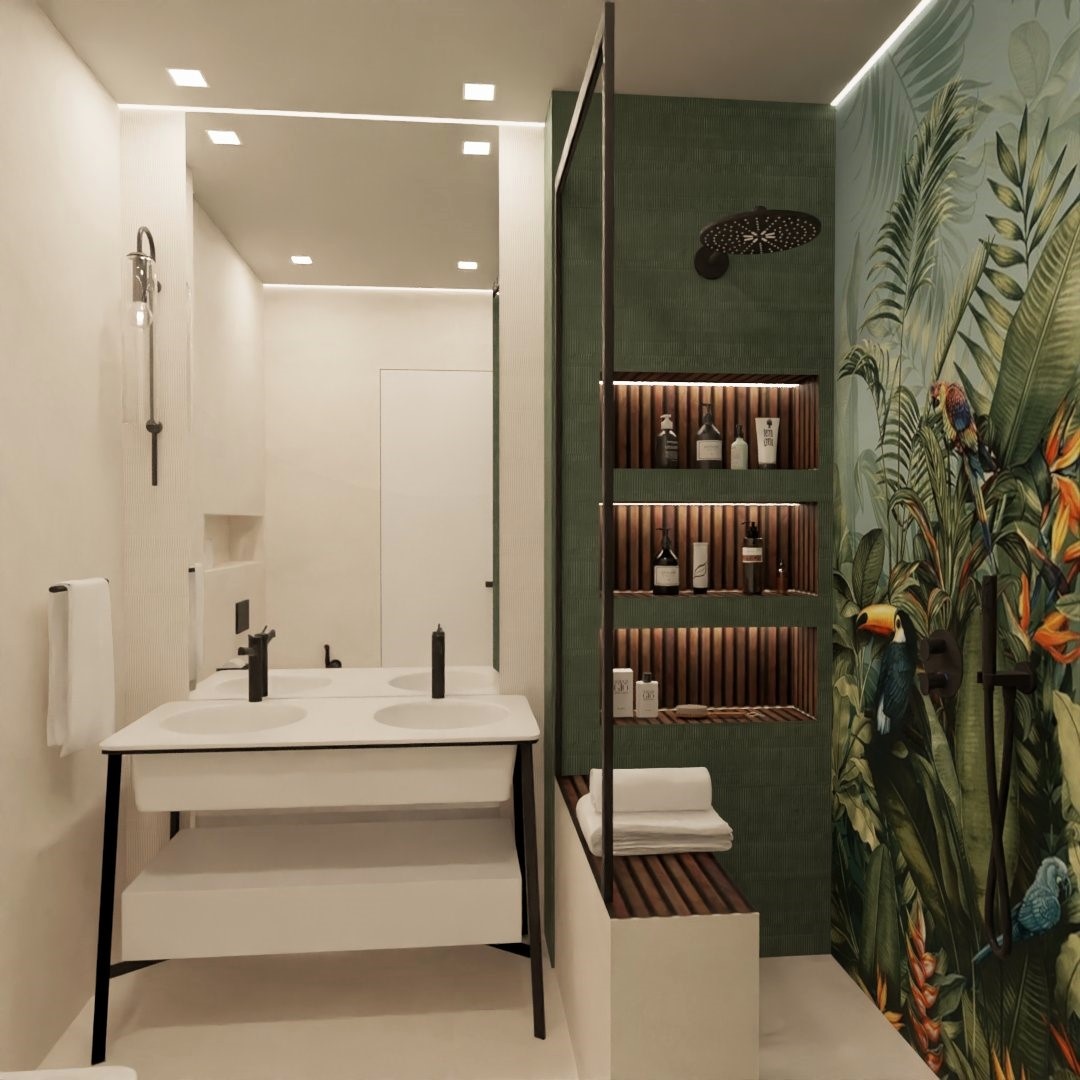 дизайн душевой комнаты в тропическом стиле, акцентная стена - плитка Ergon Pigmento