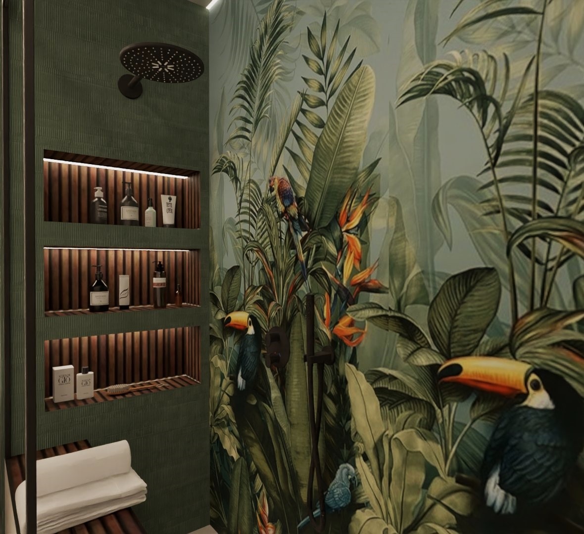 дизайн душевой комнаты в тропическом стиле, акцентная стена - плитка Ergon Pigmento