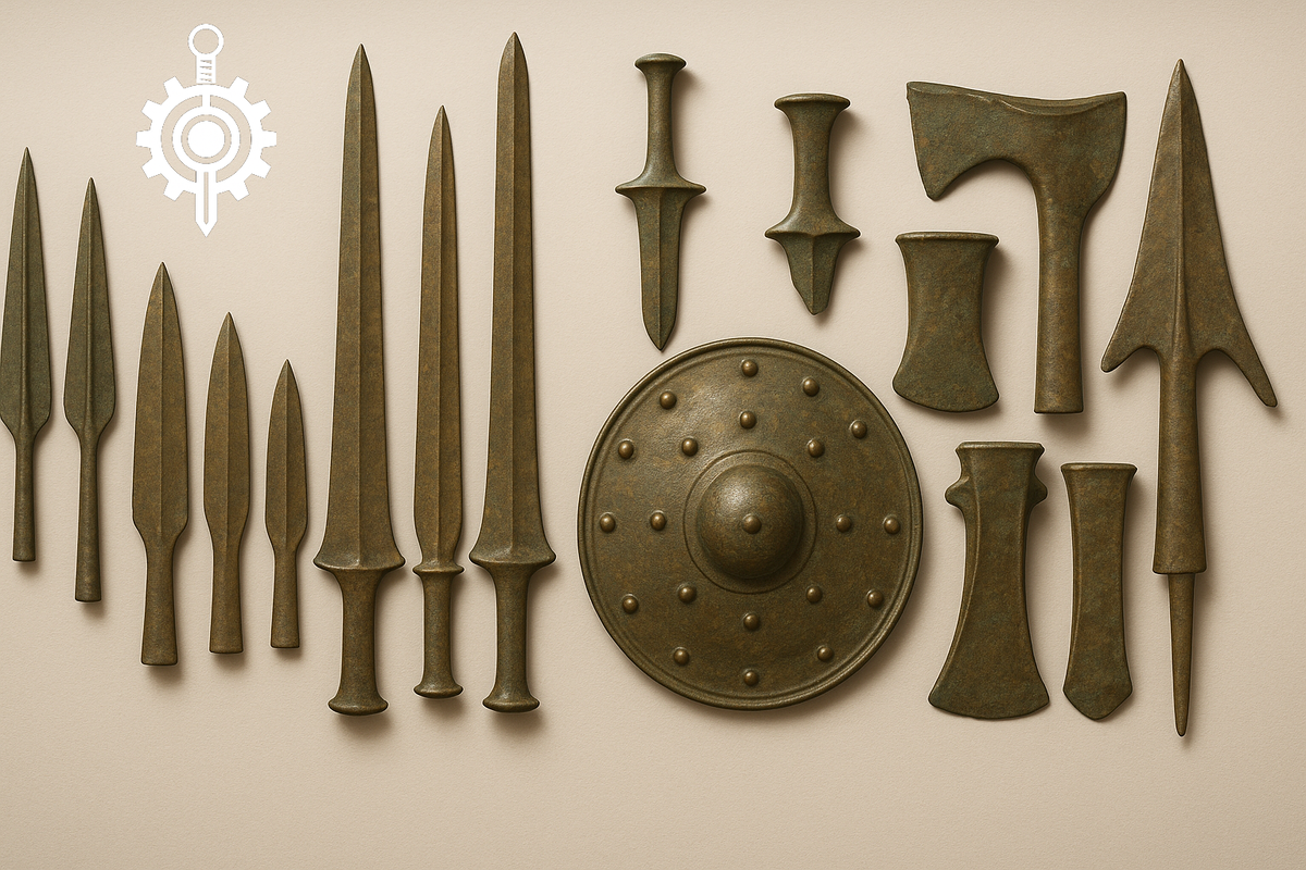 Иллюстрация: Эволюция бронзового оружия - от простых наконечников копий до сложных мечей и щитов