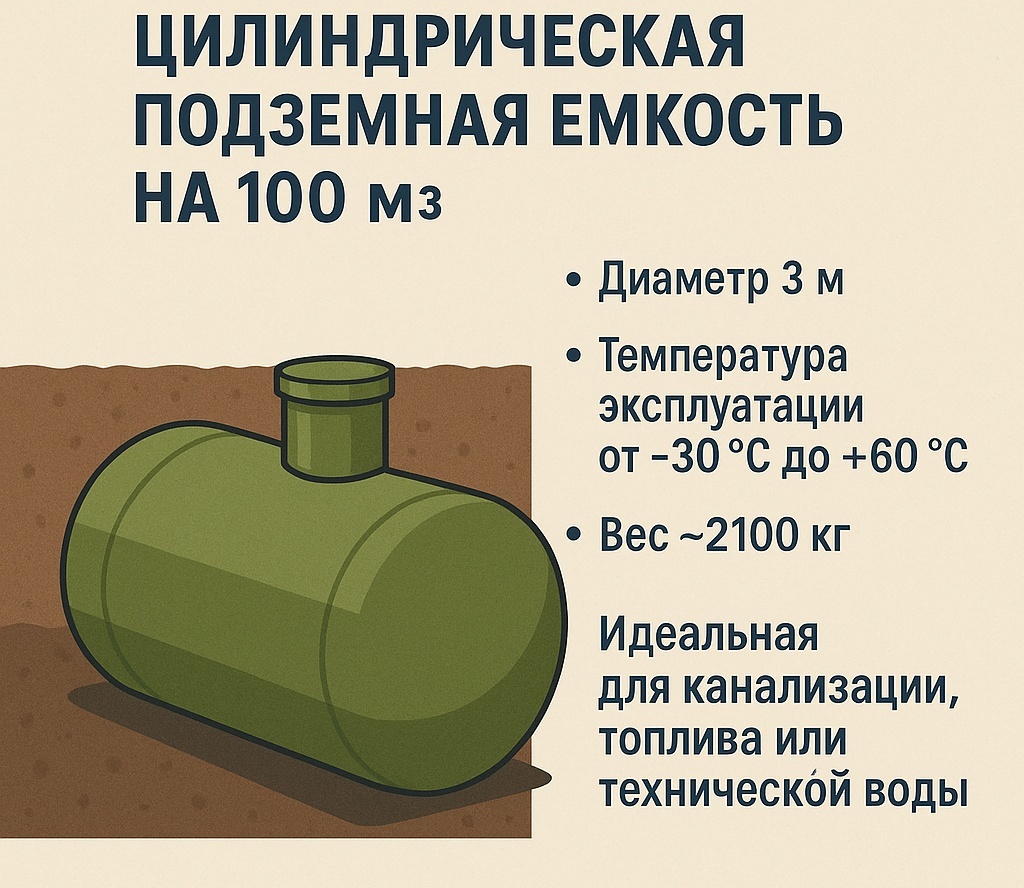 Пример: горизонтальная цилиндрическая подземная емкость на 100 м³, диаметр 3 м, температура эксплуатации от –30 °C до +60 °C, вес ~2 100 кг – идеальная для канализации, топлива или технической воды.