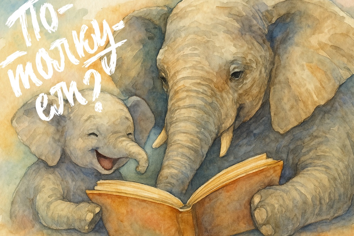 Слонёнок и мама-слониха читают книгу вместе.