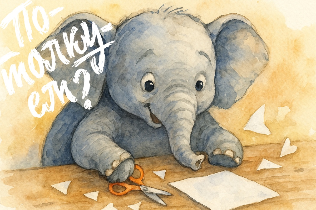 Слонёнок увлечённо делает поделки из бумаги за столом.