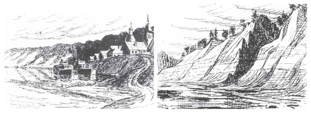 Рисунки школьника Жени Милановского (1939 г.) из его первой геологической экспедиции. Слева — долина Сухоны у села Бобровского, справа — ущелье Сухоны у села Вострого