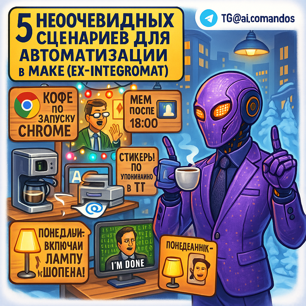    5 неочевидных сценариев автоматизации в Make: как сэкономить 100 часов в месяц без навыков кодинга Дмитрий Попов | Comandos.ai