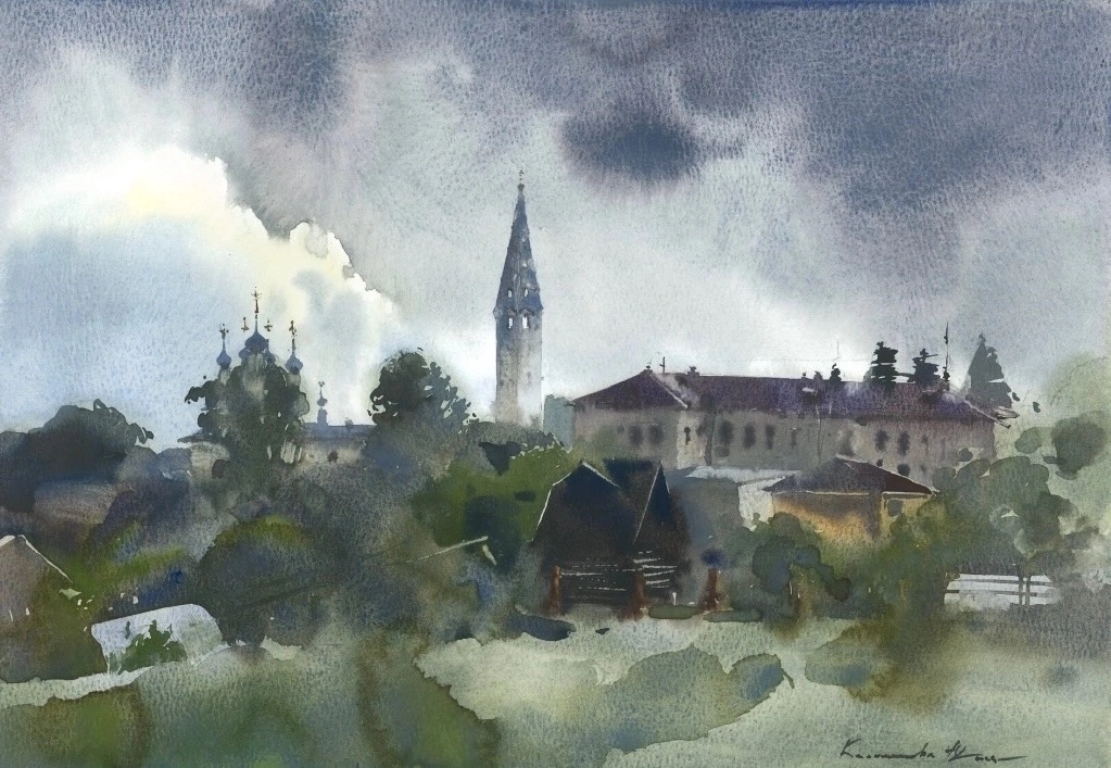 Акварель с использованием серо-розовой дымки 