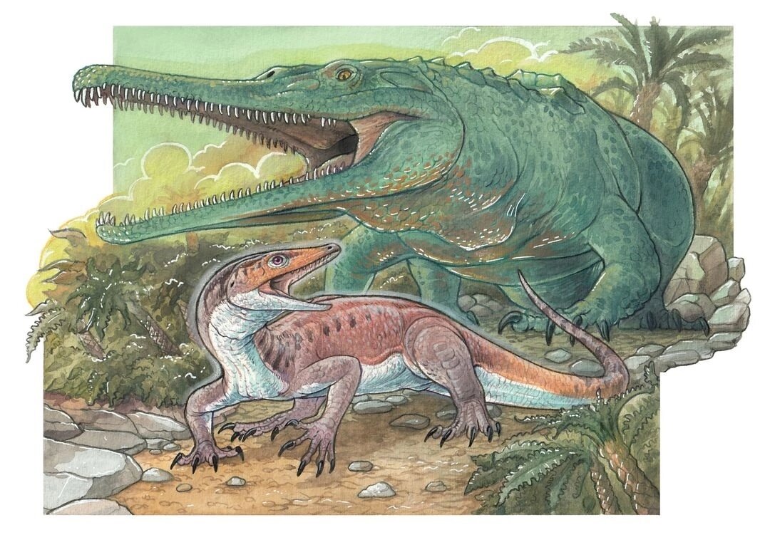 Малеризавр убегает от фитозавра Паразуха.