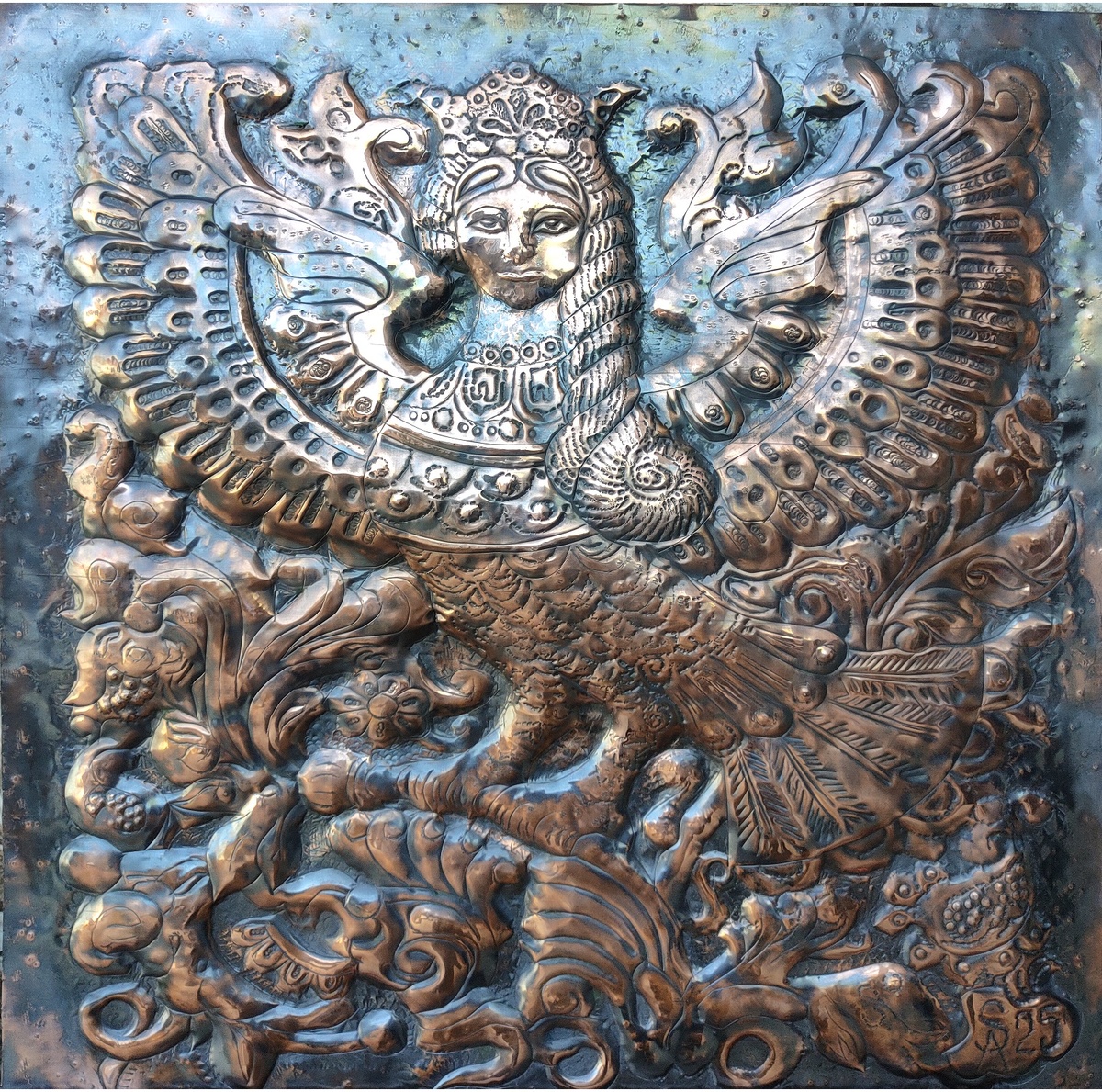 Чеканка . Алконост -Птица Састья и Радости. Панно. 61х60.Багет. Иркутск 2025 г.