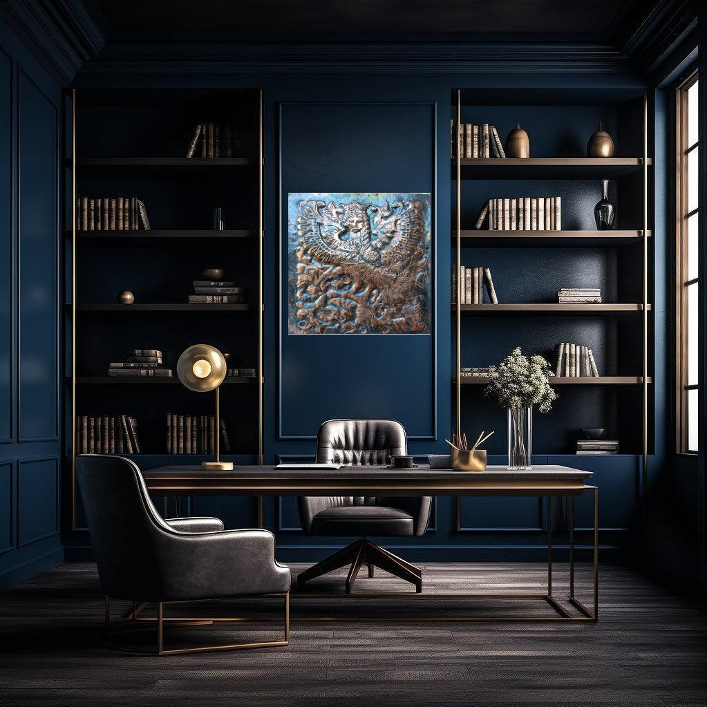 В интерьере.Чеканка . Алконост -Птица Састья и Радости. Панно. 61х60.Багет. Иркутск 2025 г.