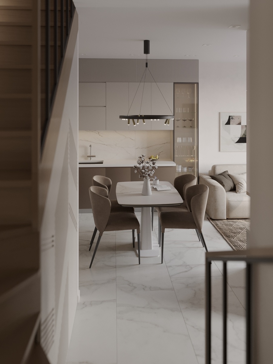 Правильно подобранные оттенки бежевого и коричневого прекрасно работают с естественным освещением, делая пространство светлее и теплее.