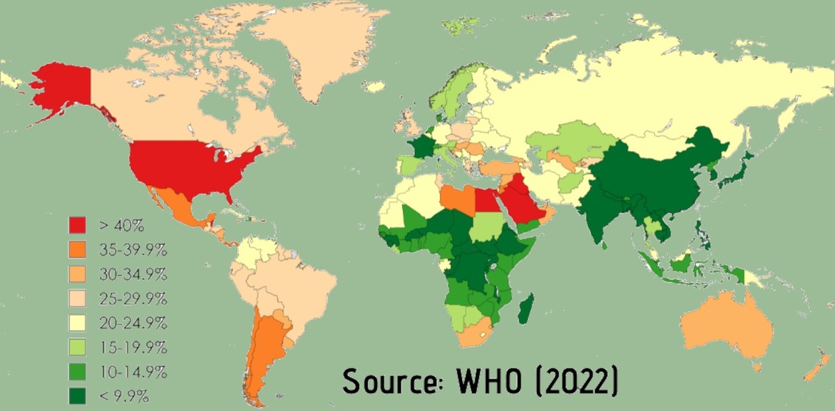 Уровень ожирения среди взрослых по странам в 2022 г., стандартизированный по возрасту. © CC BY-SA 4.0/Ly.n0m