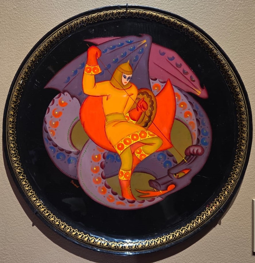 Поднос Илья Муромец и змей. Угольков В. 1960-е гг. Жостово. Железо, масло, лак