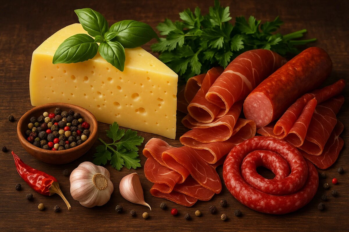 Мясо, колбаса, сыр, зелень, специи