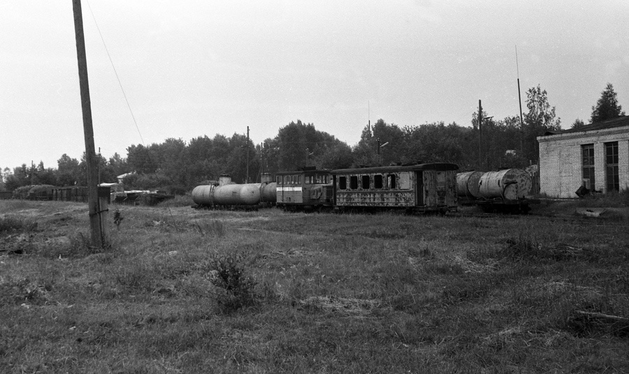 Посёлок Рахья. Узкоколейная железная дорога Ириновского торфопредприятия. Общий вид станции. Фото: Д. Верёвкин, июль 1988 г.