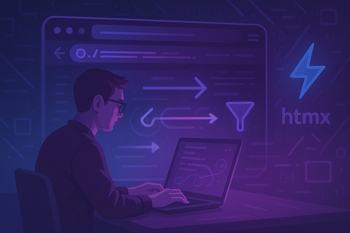 Футуристичный офис: разработчик за ноутбуком, над ним будто парит браузер‑интерфейс с подсвеченной адресной строкой и стрелками‑фильтрами, а сбоку — молниеносный логотип HTMX. Синее‑фиолетовая палитра и неоновые акценты подчеркивают идею «URL как единственный источник истины».