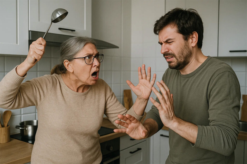    «Тёща с поварёшкой в руках ругает зятя на кухне»