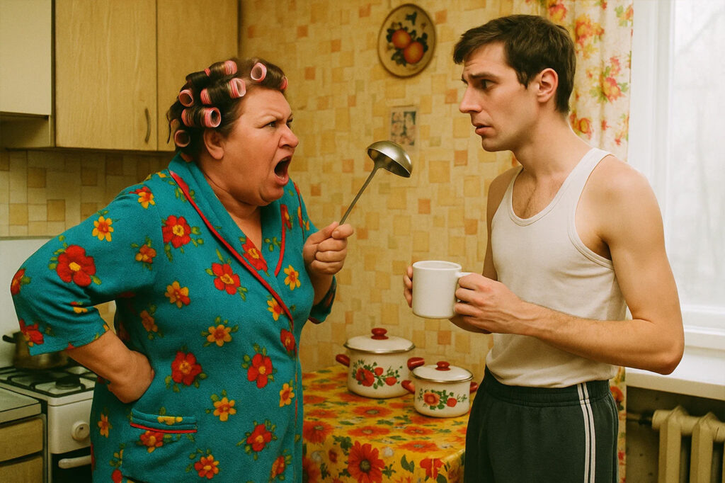    «Кухня в стиле 90-х, обилие ярких деталей: скатерть в цветочек, кастрюли на плите. Полненькая женщина 55 лет в халате с бигуди и поварёшкой в руке — кричит, нахмурив брови. Перед ней — растерянный зять, худощавый, 30 лет, в майке и трениках, с чашкой кофе в руке. Вид сбоку, сцена эмоциональная, комичная. Стиль: фотография, снятая на плёночный фотоаппарат».