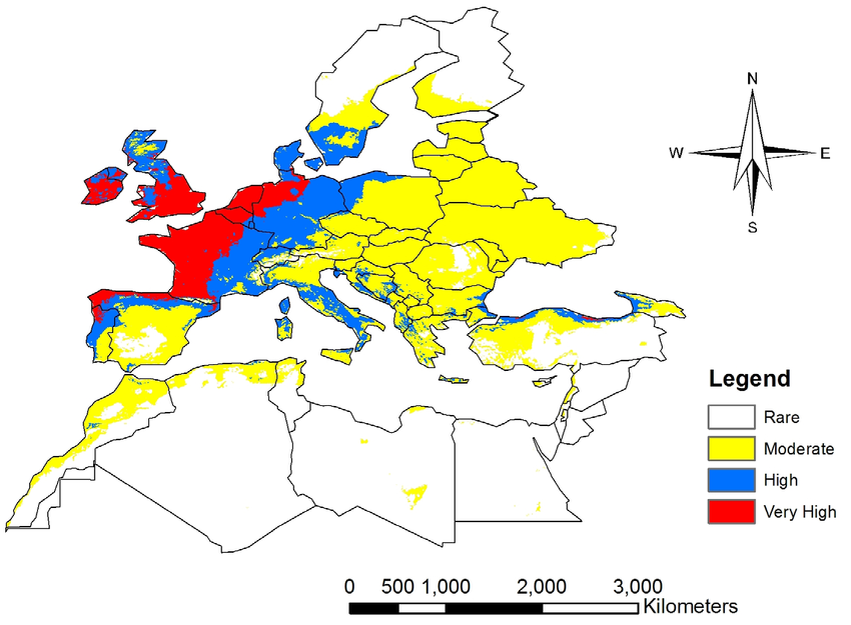 Распространение вида: белый - встречаются редко, желтый - умеренное количество, синий - высокое распространение, красный - очень высокое распространение