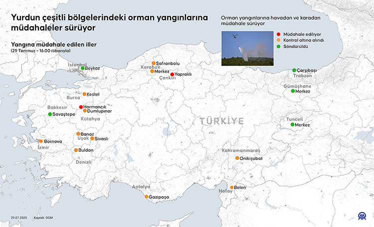 Карта пожаров в Турции на 29 июля. Красный цвет - действующие очаги горения; жёлтый цвет - огонь взят под контроль; зелёный цвет - пожар потушен. Источник: https://www.aa.com.tr/uploads/userFiles/4f62407a-abf2-4464-9690-b6acbca575b5/06_2025%2F06_TEMMUZ%2Finfo%2Fa-yang%C4%B1n.jpg.