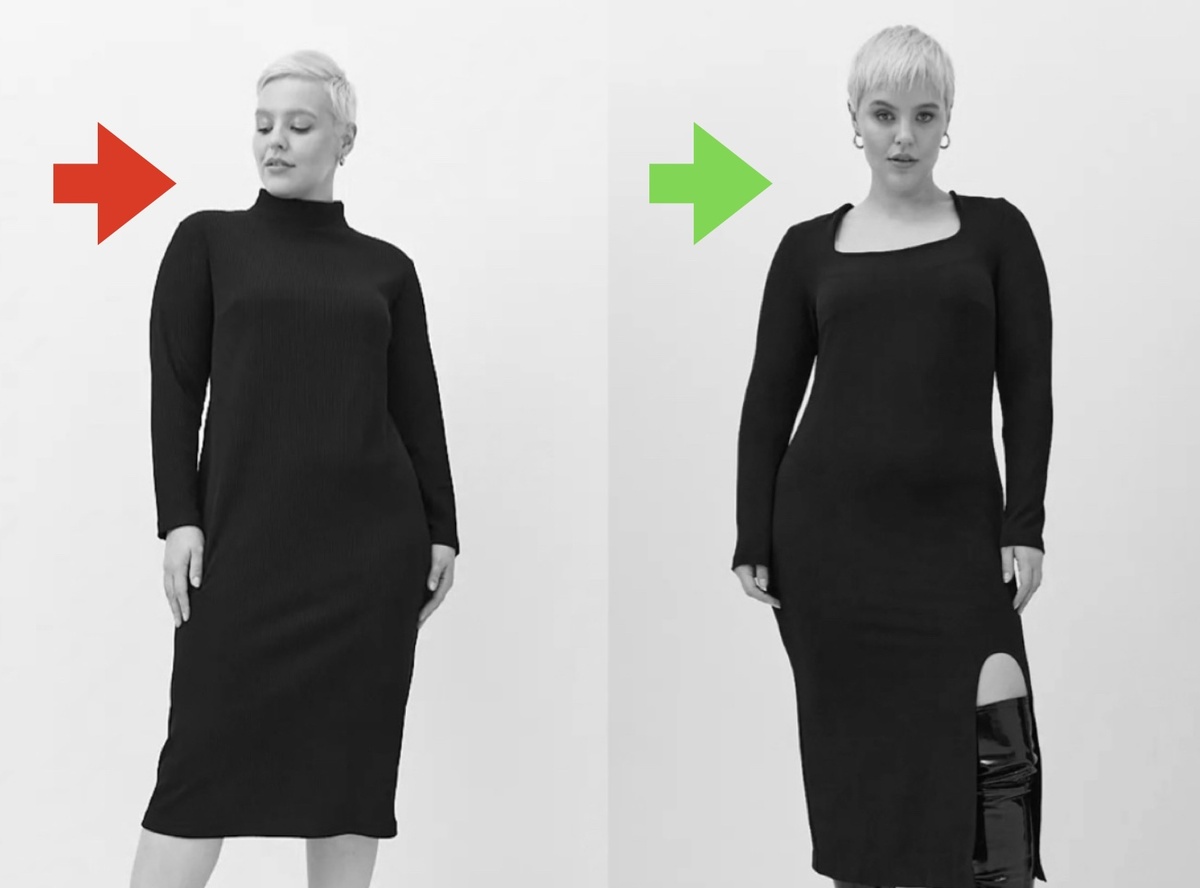 Акцент на зоне декольте облегчает общее впечатление