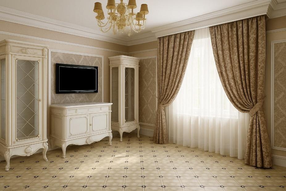 В классике богатые портьеры из бархата, шелка, хлопка.