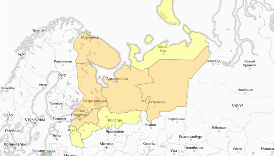    Прогностическая карта предупреждений для СЗФО Автор фото: meteoinfo.ru