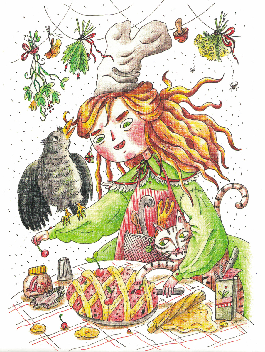 иллюстрация из календаря З. Арефьевой "Магищески женщины и их котики" - ведьмочка Арбуза Дыньевна