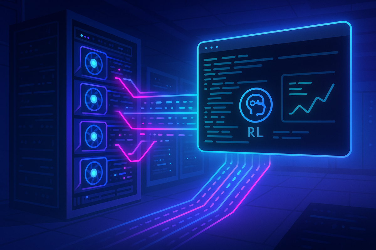 Тёмная серверная, где потоки неоновых данных текут между сияющим оконцем терминала и стойкой с GPU, а на экран‑голограмме видны график роста и иконка RL — символ масштабируемого обучения агента в Terminal‑Bench‑RL.