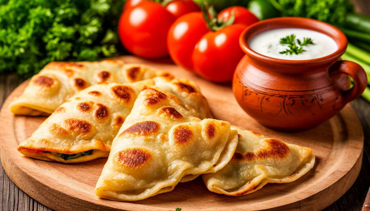 Ароматные азербайджанские кутабы с зеленью на деревянной доске