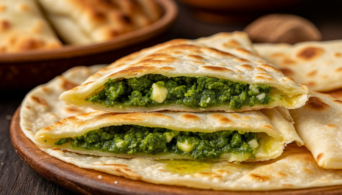 Аппетитный разрез кутабы с зеленью и прослойками теста