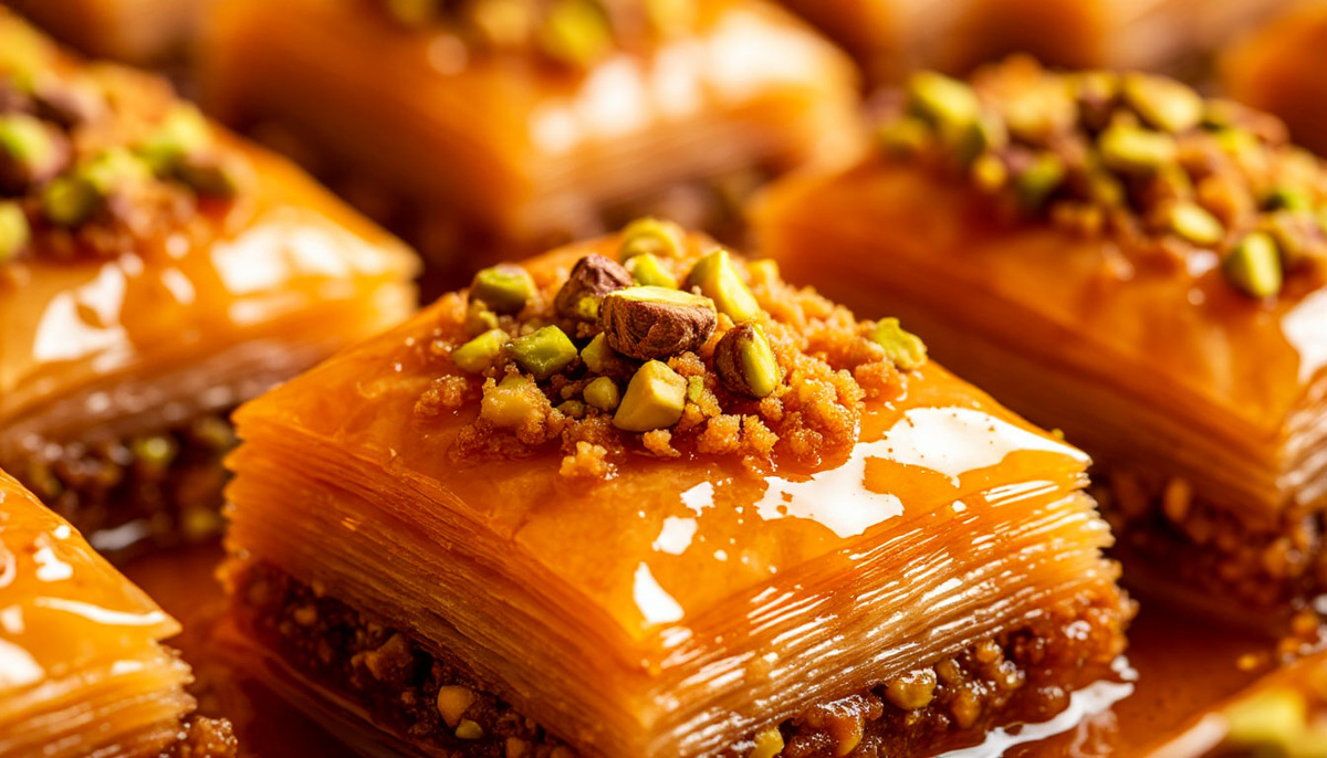 Аппетитная свежая пахлава с грецкими орехами и фисташками