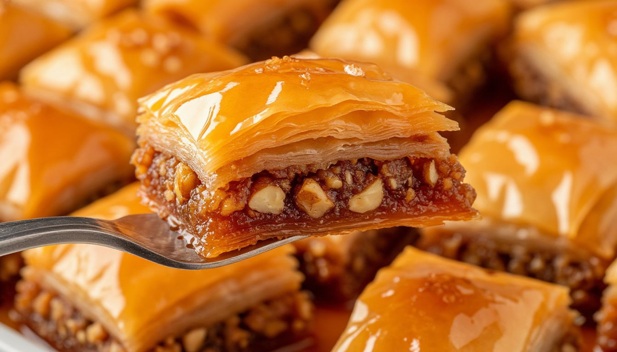 Многослойная турецкая пахлава с медовой пропиткой крупным планом