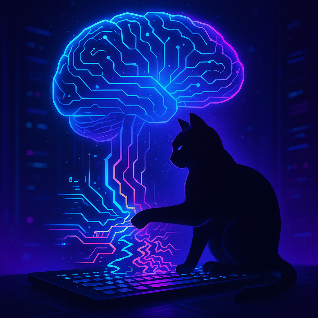 На фоне тёмной серверной чёрный кот лапой «ломает» неоновые потоки данных, исходящие из светящегося мозга‑схемы LLM — метафора того, как «кошачьи» триггеры сбивают с толку модели рассуждения.