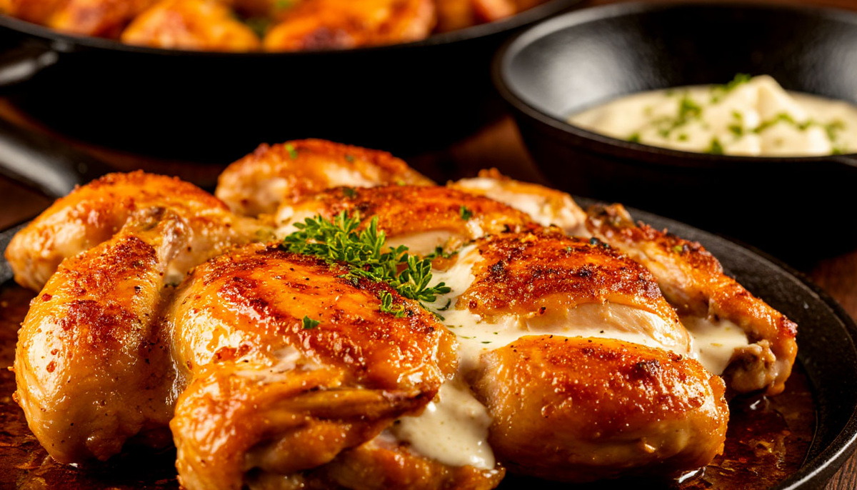 Аппетитный цыпленок табака с хрустящей корочкой и чесночным соусом