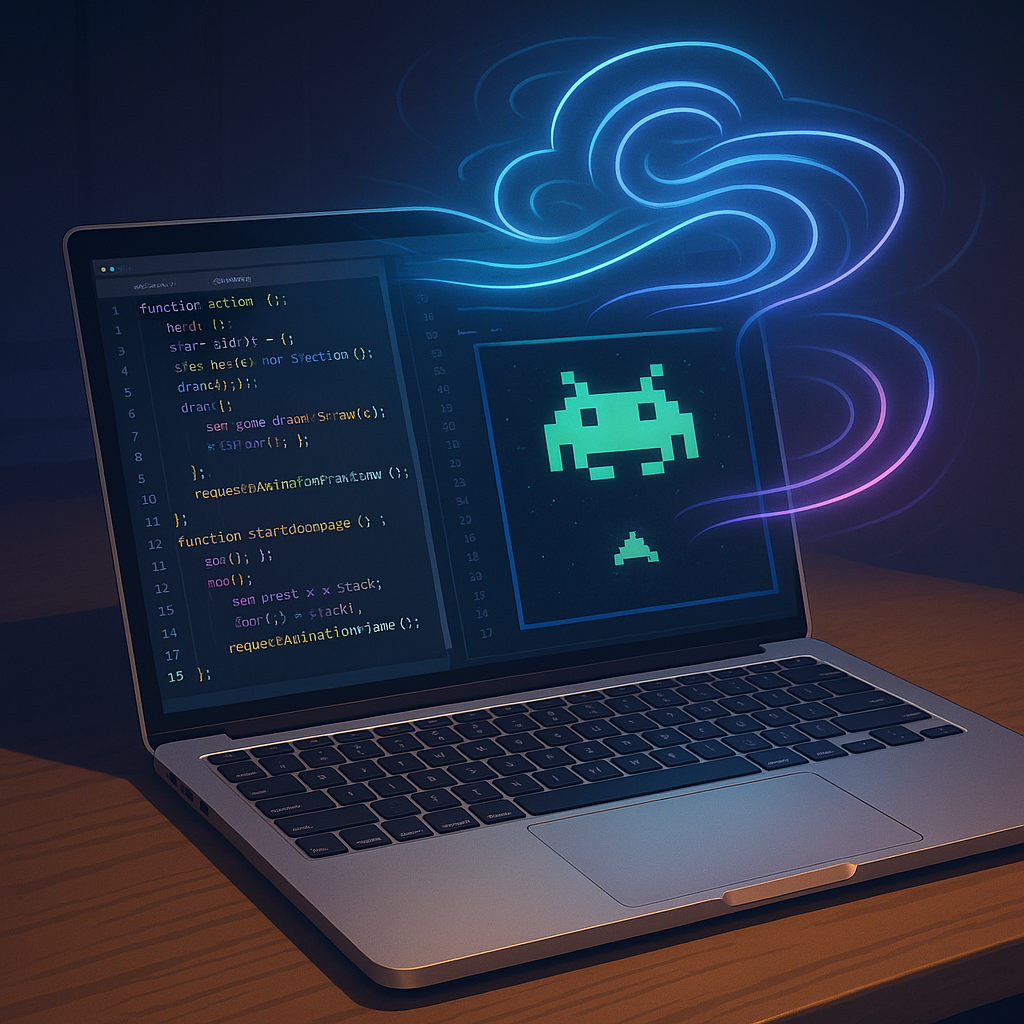 На тёплом деревянном столе открытый MacBook Pro; на экране — слева строки JavaScript‑кода, справа пиксельные инопланетяне Space Invaders. Из дисплея вырываются неоновые вихри — аллегория локальной LLM, которая «оживила» классическую игру прямо на домашнем ноутбуке.
