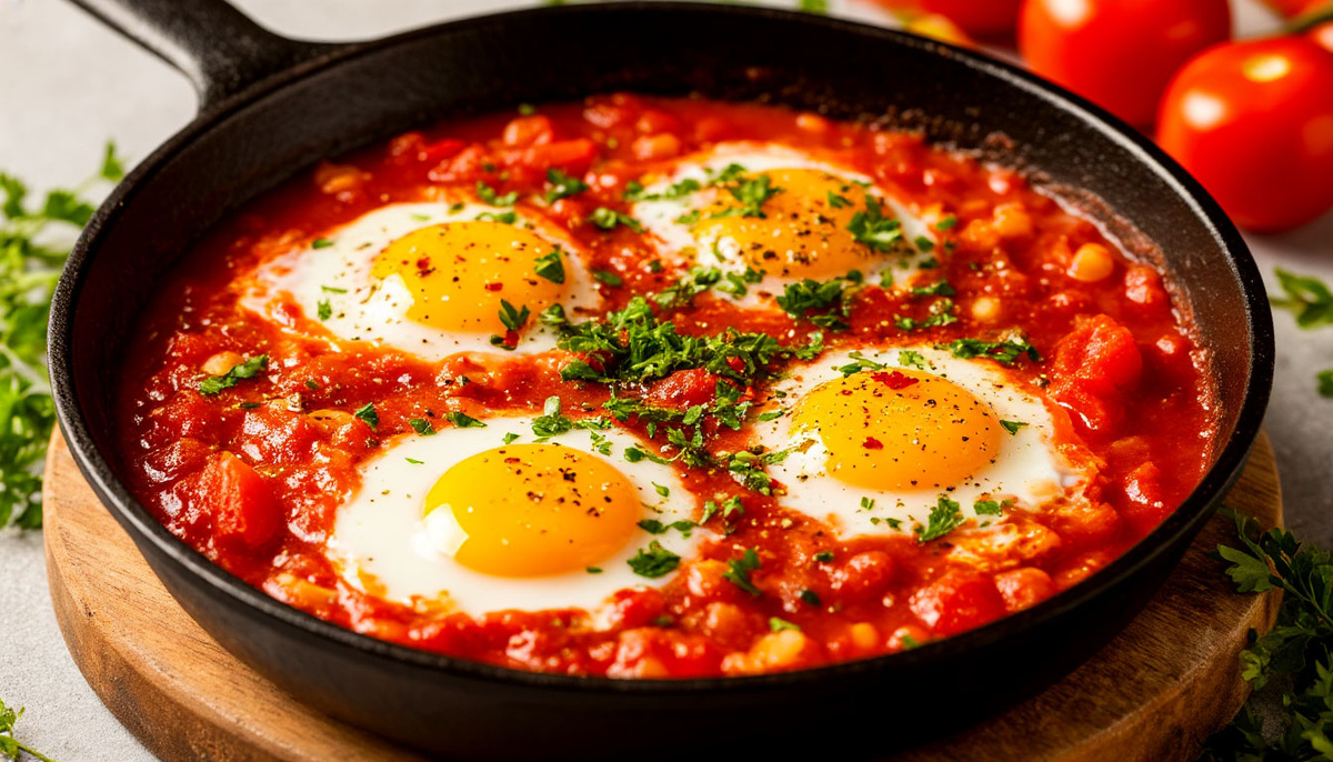 Традиционная израильская шакшука с яйцами и зеленью