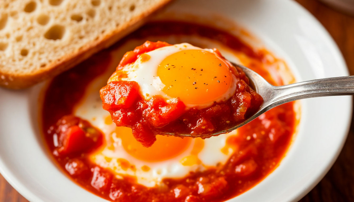 Сочная шакшука с жидким желтком и томатным соусом