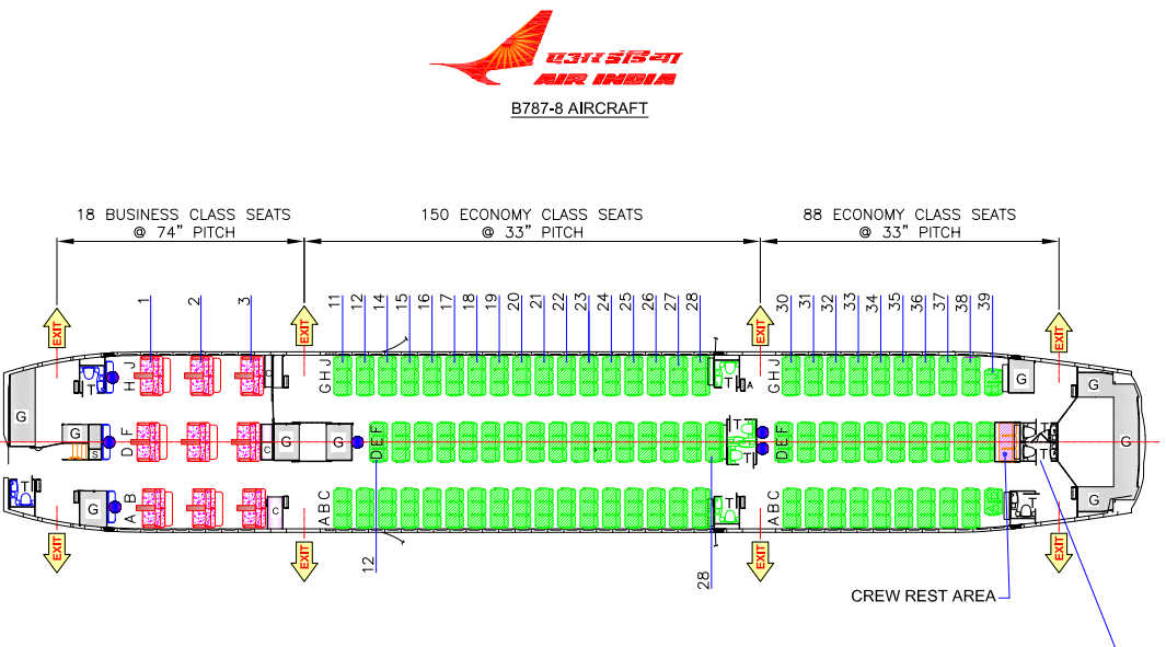 Фото: схема салона Boeing 787 Air India. Место 11А находится строго у аварийного выхода