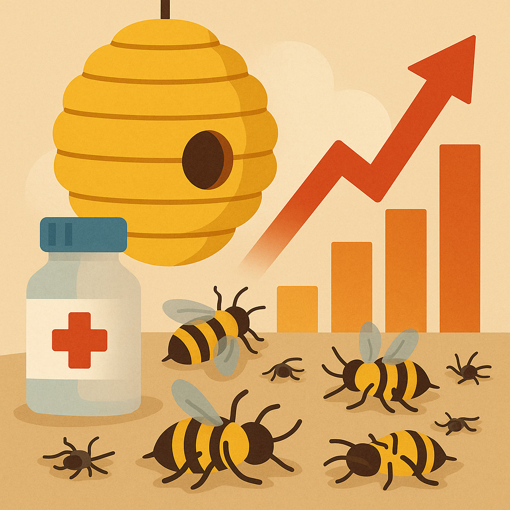 Ульи, таблеточный флакон и взлетающая красная стрелка на фоне графика, а внизу — павшие пчёлы: иллюстрация подчёркивает парадокс — меньше антибиотиков, но выше смертность колоний.