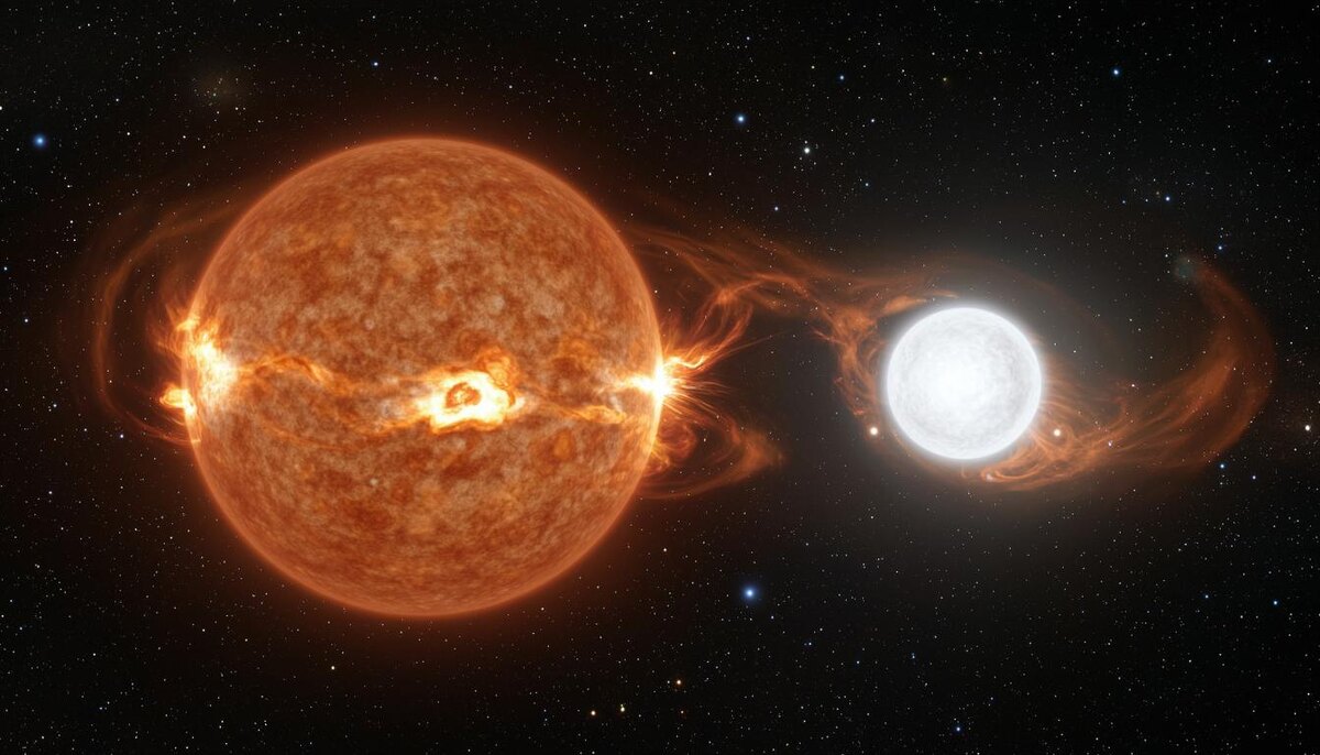 Двойная система, где происходят вспышки новой (автор: нейросеть)