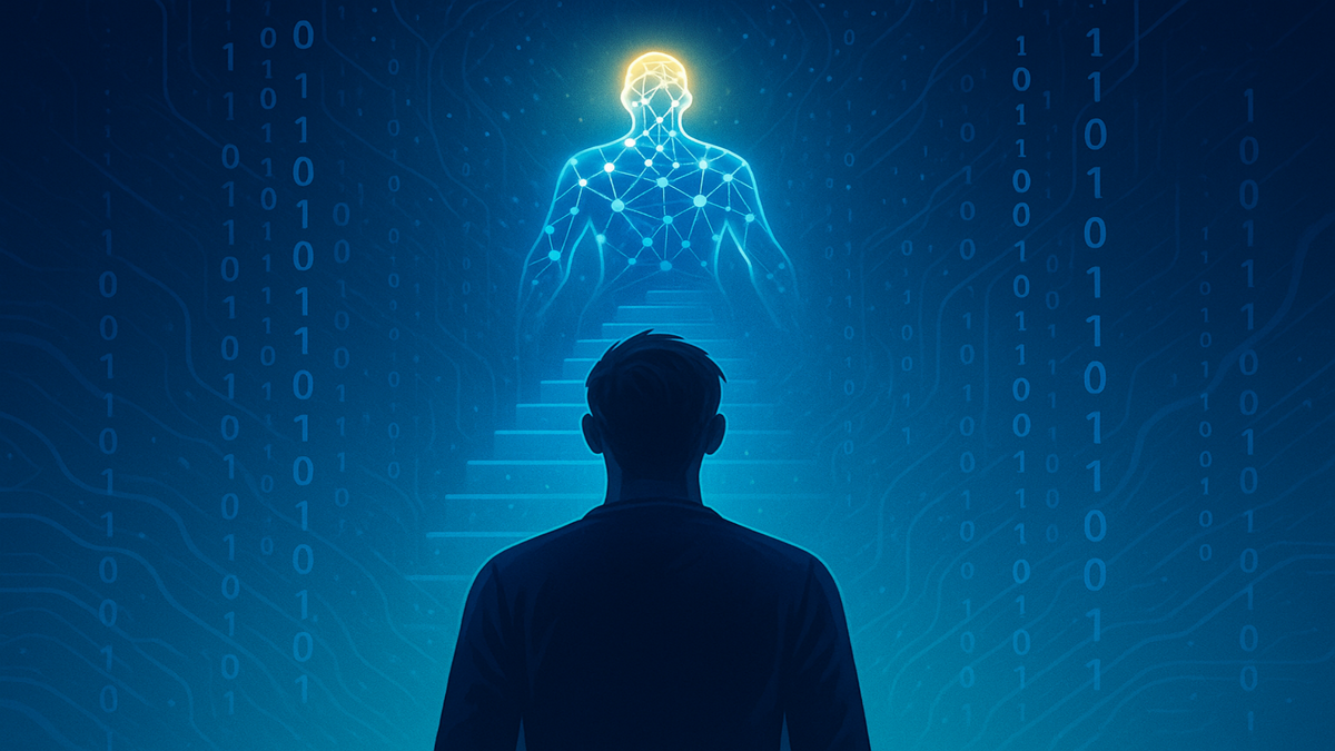 Человек у порога цифрового будущего. Взгляд вперёд — в сторону нейросетей, света и новых возможностей.