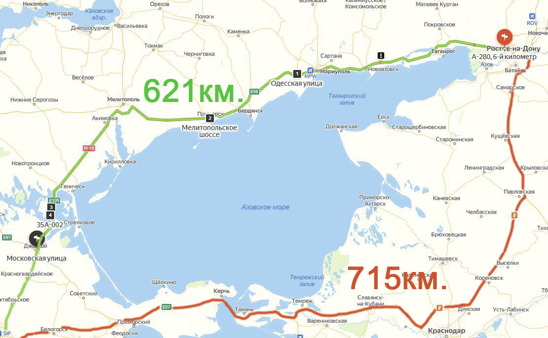 Два варианта пути в Крым от Ростова-на-Дону