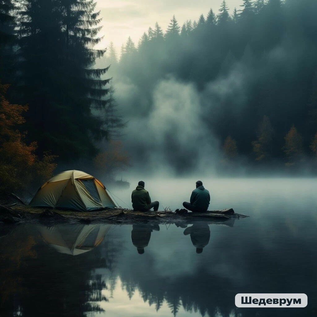 Рыбаки на озере в лесу