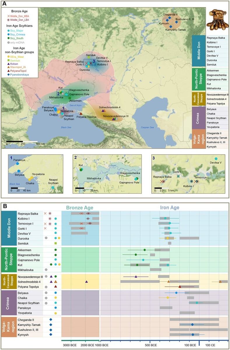    Карта Великой Скифии с нанесенными на нее образцами и возрастом. Ниже — образцы на временной шкалае / © Tatiana V. Andreeva et al., Science, 2025