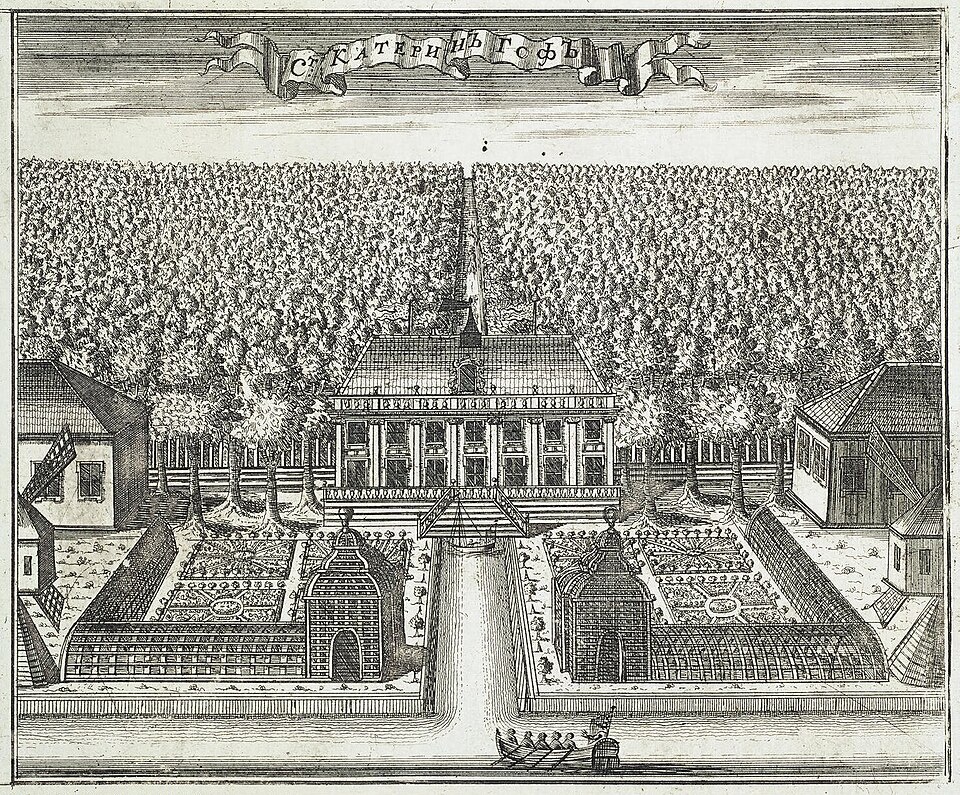 Старинная гравюра с изображением элегантного двухэтажного Екатерингофского дворца на берегу реки.