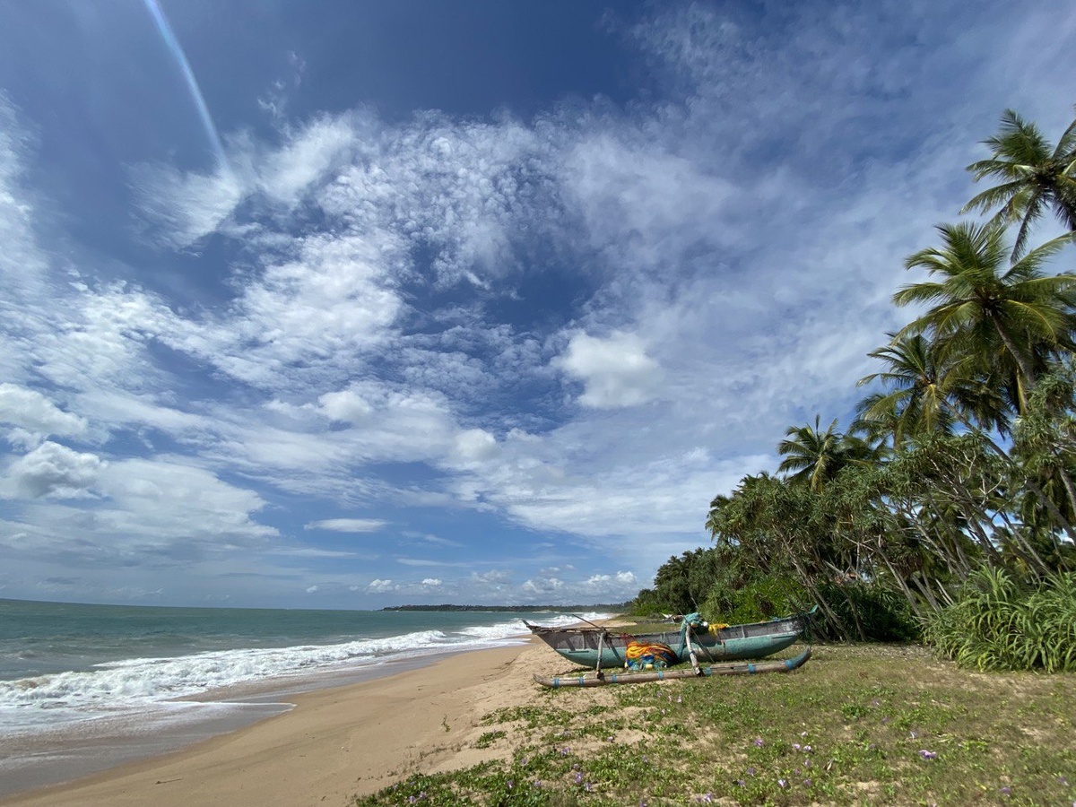 Обе фото с пляжа виллы, направо рыбацкая лодка и травка, налево бескрайний песочный пляж