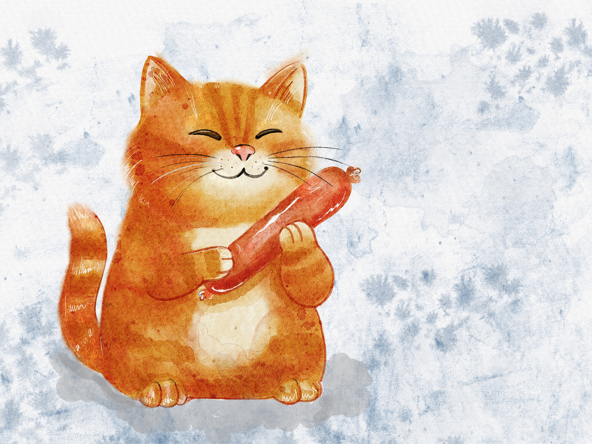 авторская иллюстрация. рыжий кот Кефир  держит в лапах колбасу