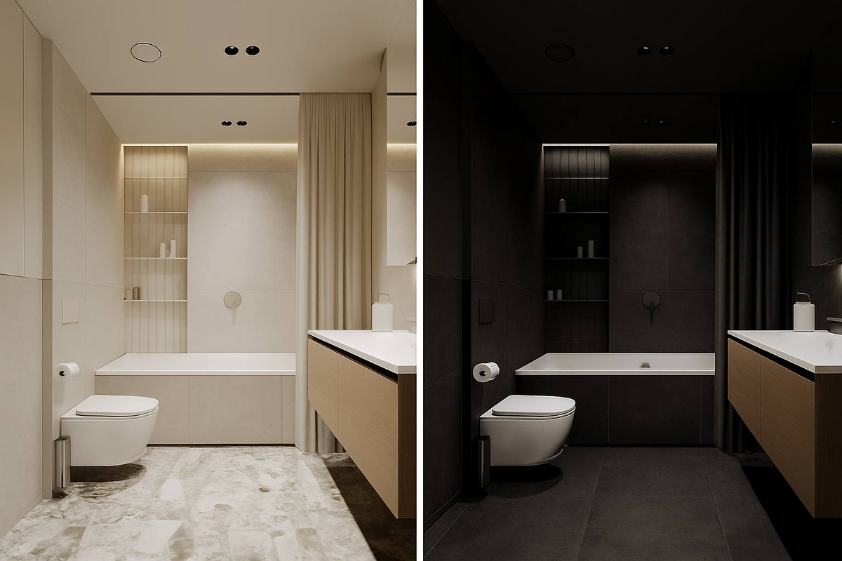 На примере двух ванных в разных палитрах сразу заметно: светлое пространство кажется более открытым, а тёмное — камерным.