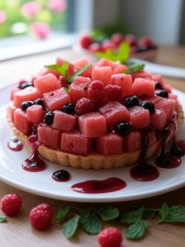 Этот рецепт идеален для летнего сезона, он сочетает свежесть арбуза и яркие ягоды.