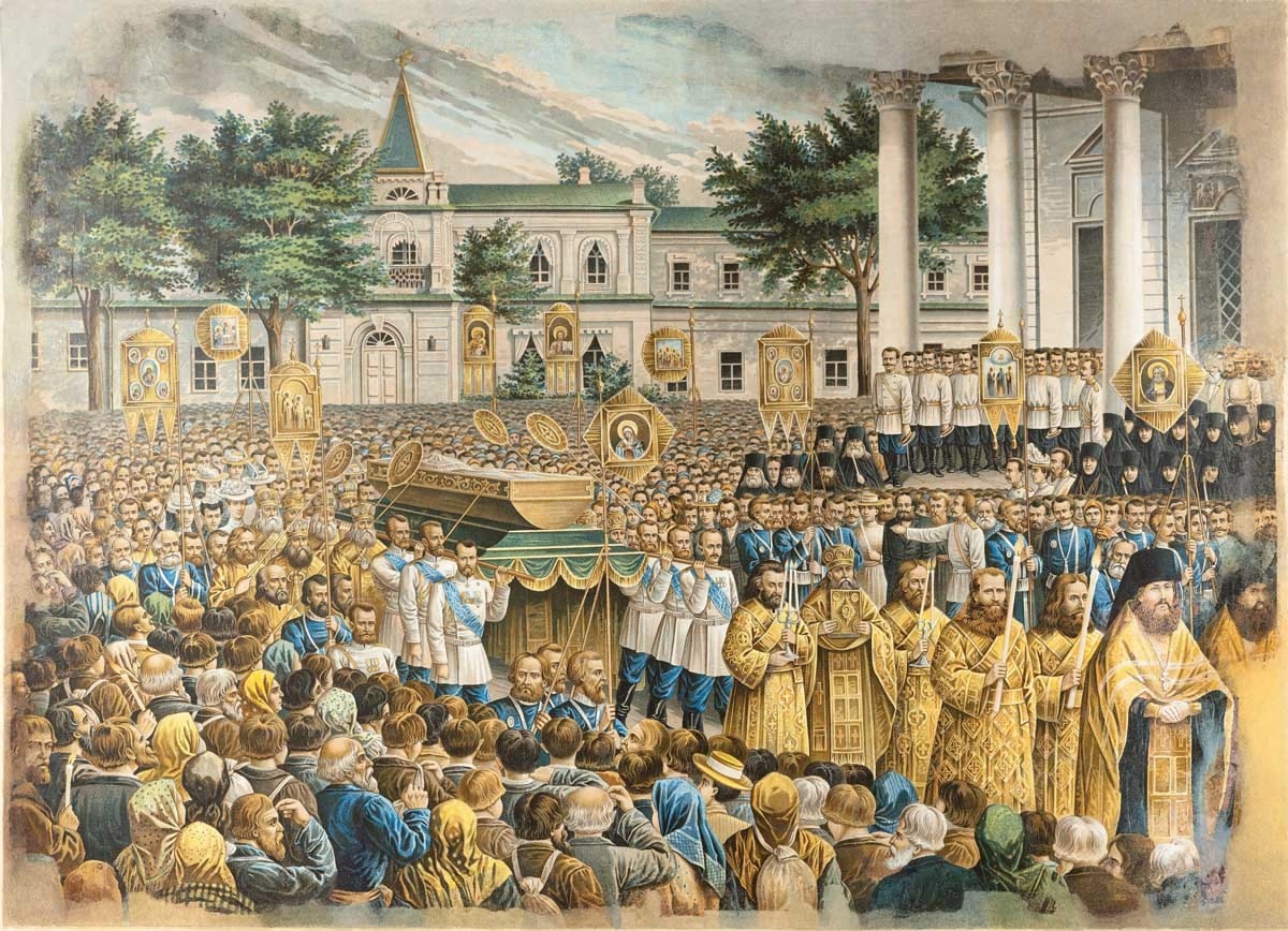 КРЕСТНЫЙ ХОД С МОЩАМИ ПРЕПОДОБНОГО СЕРАФИМА САРОВСКОГО ВО ВРЕМЯ КАНОНИЗАЦИИ. 1903 год. Литографическая мастерская Серафимо-Дивеевского монастыря. Бумага, хромолитография. 51 × 68 см. Собрание Музея им.Андрея Рублева